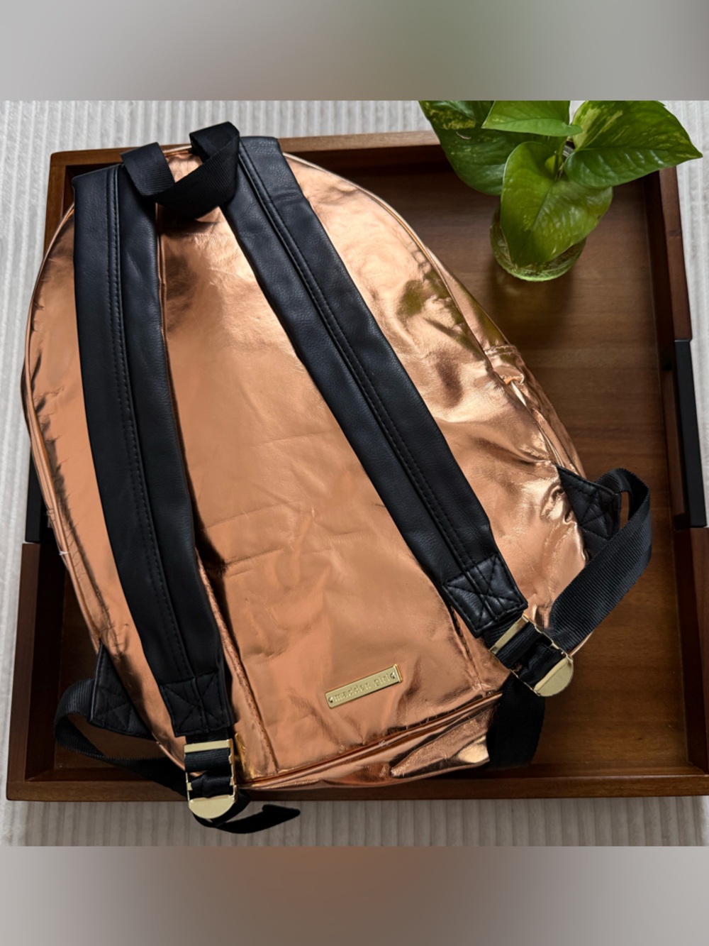 NWT Madden Girl Metallic Rose Gold Backpack with Black Straps